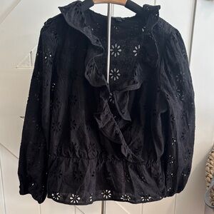 Ann Taylor Black Eyelet Ruffle Blouse